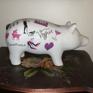 Large ceramic piggy bank with fashion stamps